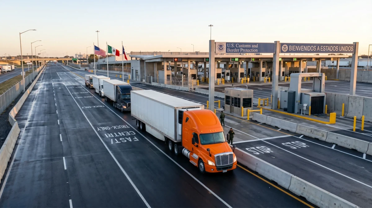 Camiones cruzando la frontera México-Estados Unidos en un puerto de entrada comercial